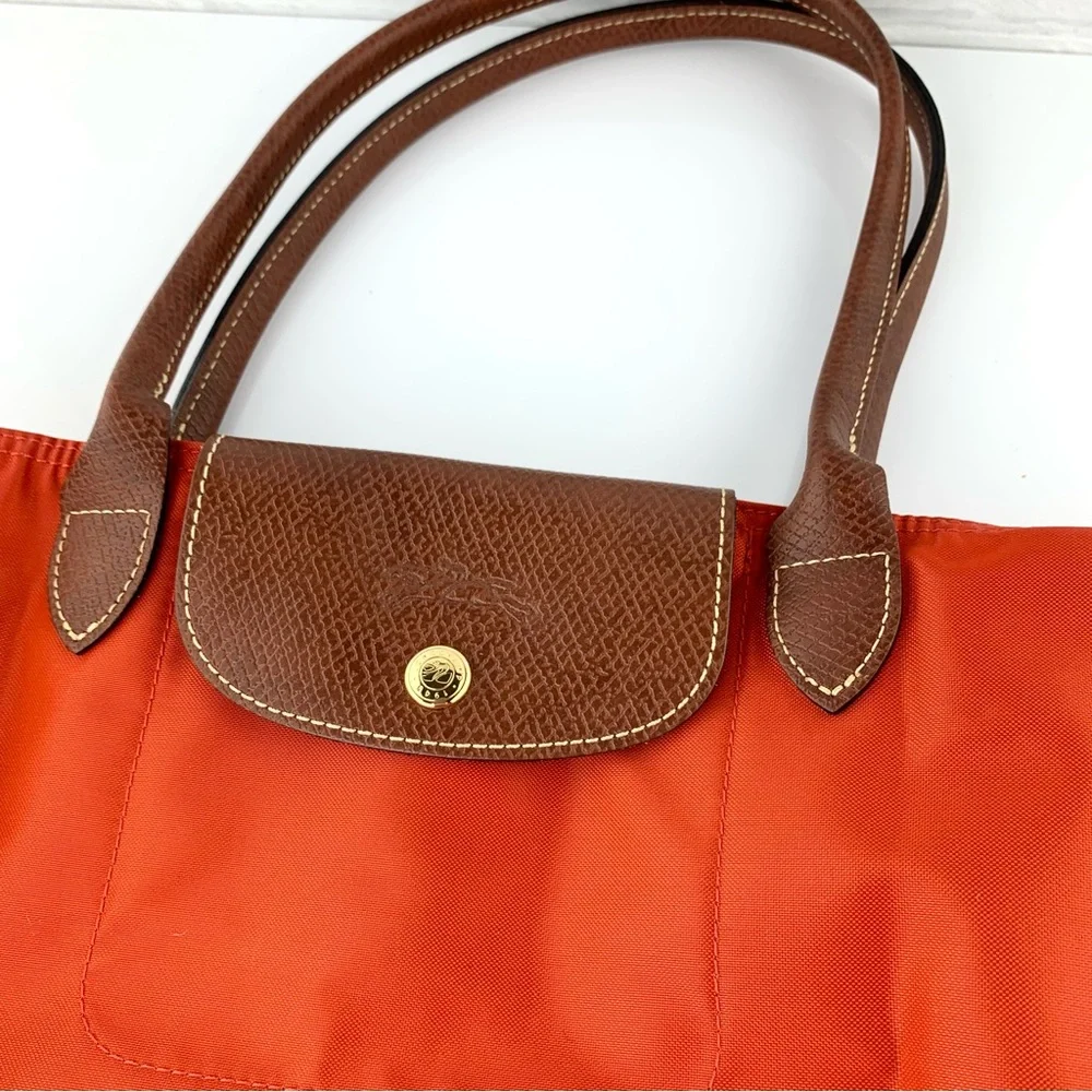Longchamp Orange Nylon & Brown Leather Tote - Picture 4 of 16
